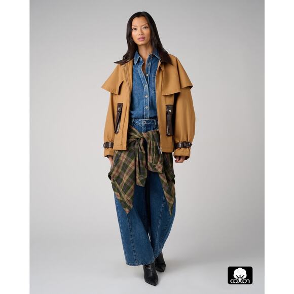 We Wore What Women's Cocoon Barn Jacket Khaki /Dark Brown Size L NWT French Girl - Picture 2 of 13